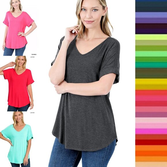 SOFT! Stretchy Luxe Rayon Short Cuff Sleeve V-Neck T-Shirt - Picture 2 of 11